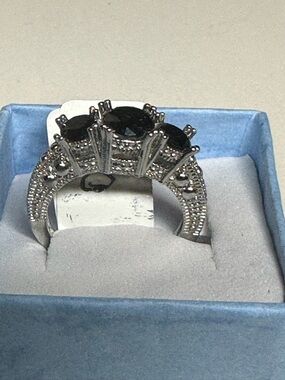 Sterling Silver Black Stone Triple Halo Ring